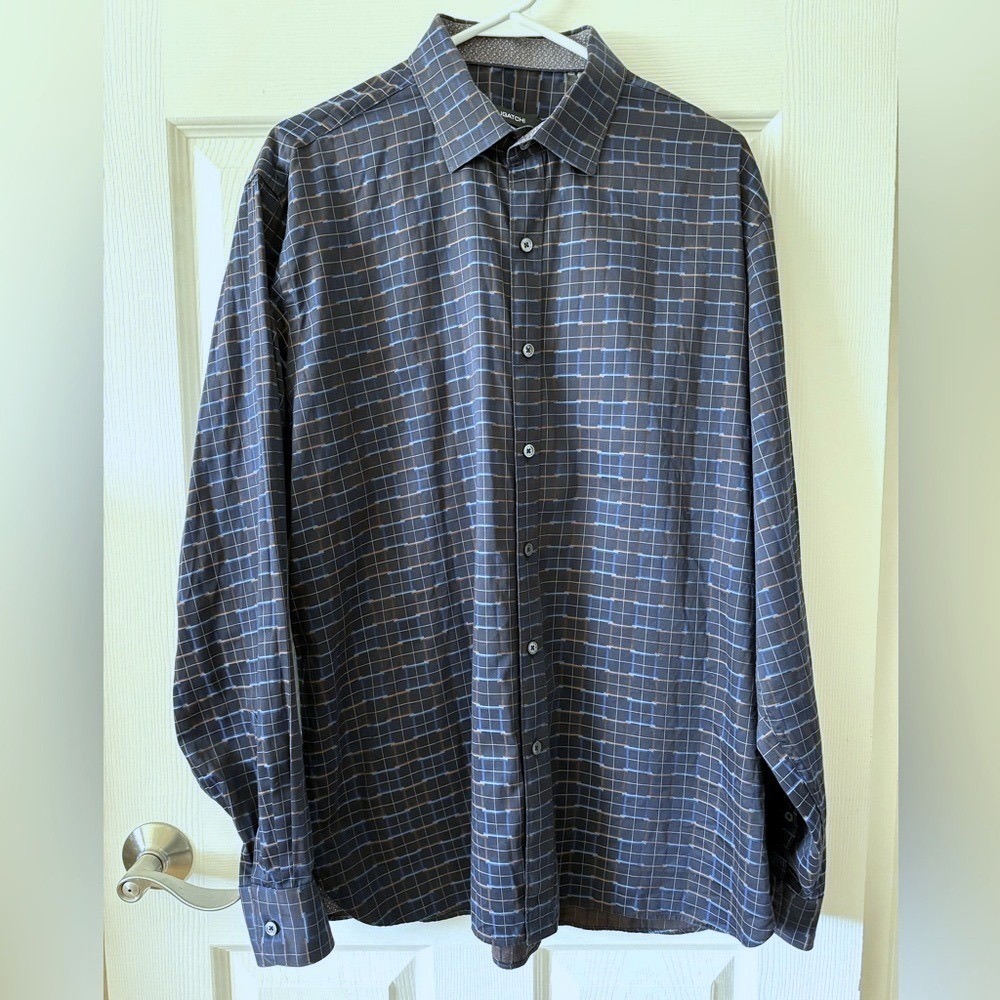 Bugatchi Button Up Shirt Men Large Midnight Blue Grid Classic Fit PS3345L16